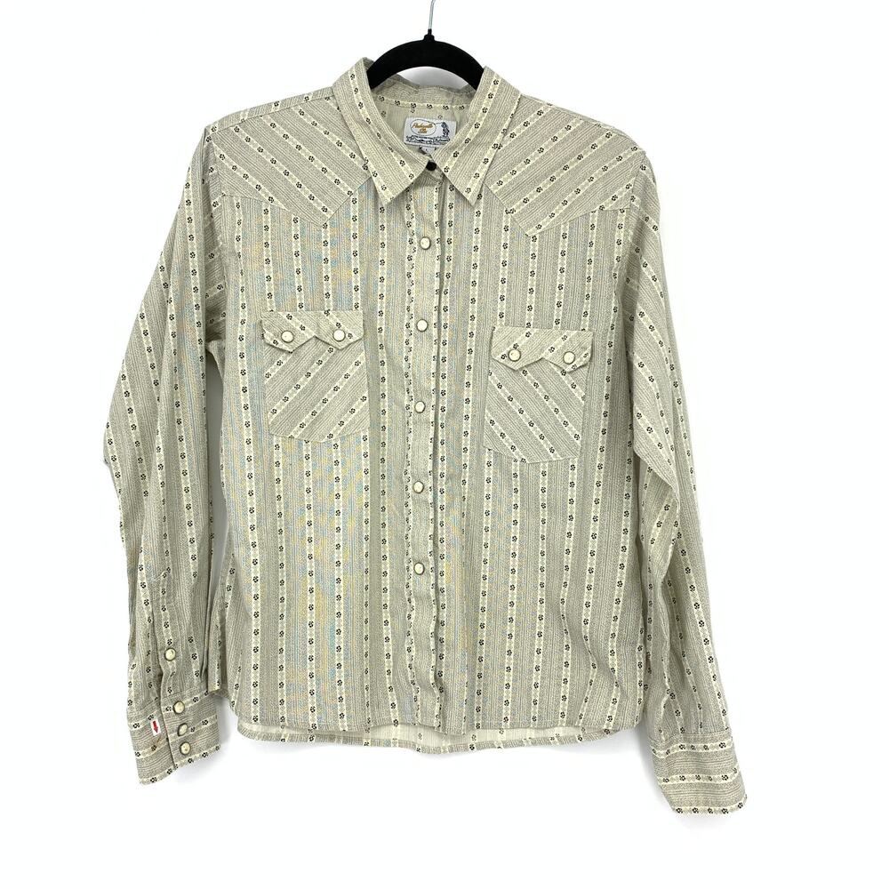 VTG Panhandle Slim Snap Front Western Shirt Womens Sz L Long Sleeve Cream Black